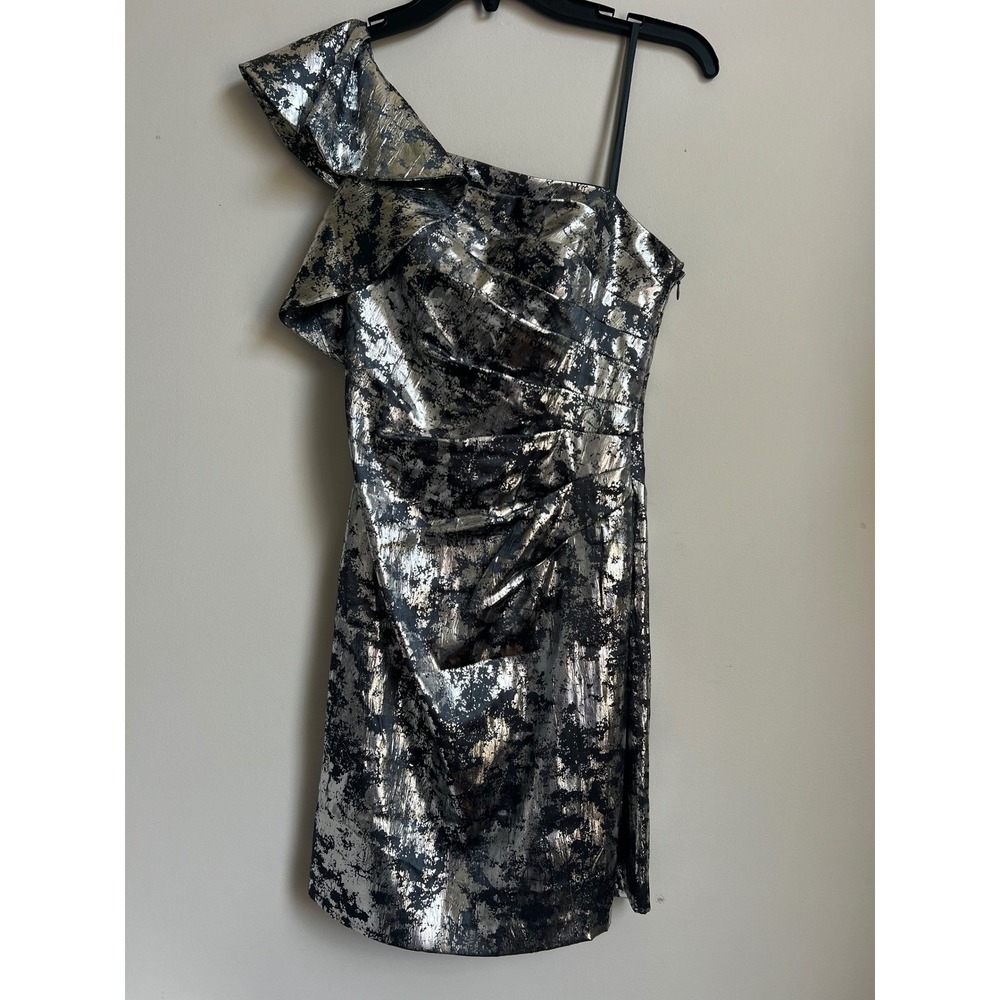 One Shoulder Ruffle Party Dress Silver Black Bodycon‎ Mini Cocktail